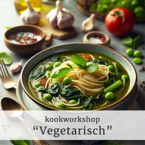 Kookworkshop<br><b>Vegetarisch</b><br>woensdag 11 maart 2026<br>aanvang 13:00 uur